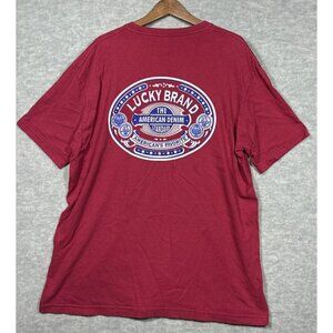 Lucky Brand Mens Sz L T-Shirt Tee Red ‎ Made in USA Casual Screen Print